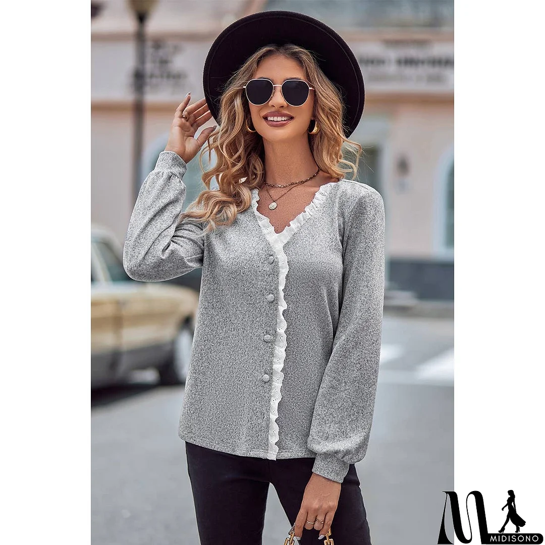 MidiSono - Front Open Button Lace Trim Fit V Neck Top