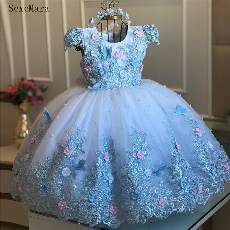 Ball Gown Lace Pearls Flower Girl Dresses For Wedding Appliqued Keyhole