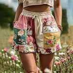 Women's Holiday Patchwork Floral Contrast Color Belt Pocket Shorts - Image 2
