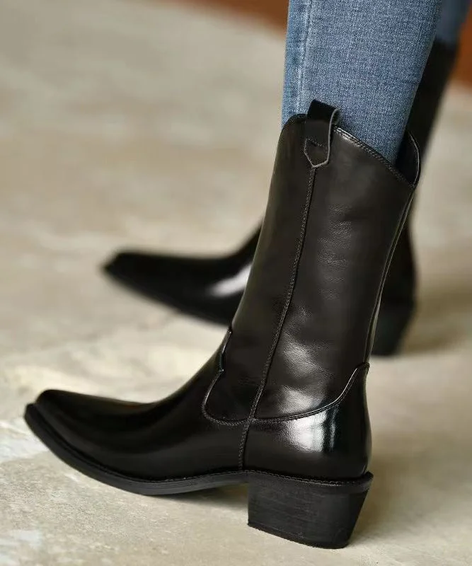 Chic Black Pointed Toe Boots Chunky Cowhide Leather