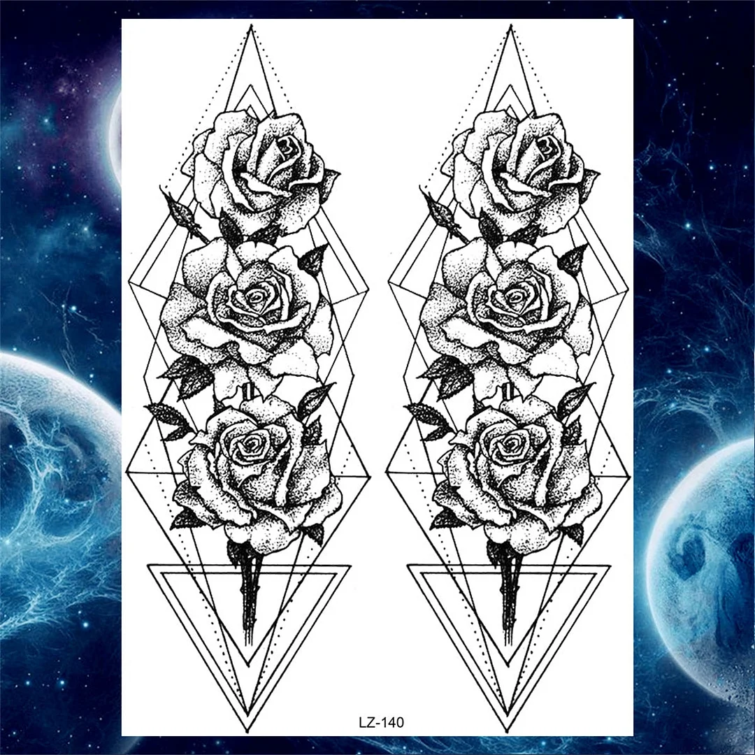 Large 3D Rose Flower Temporary Tattoos For Women Men Adults Death Skull Tattoo Sticker Peony Dahlia Black Fake Tatoos Forearm