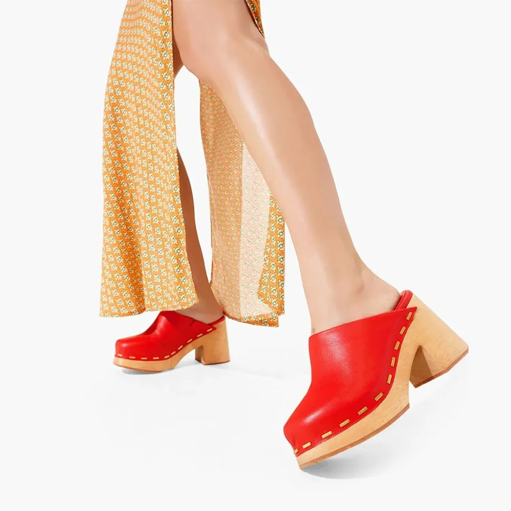 Fashion Red Square Toe Chunky High Heel Platform Mules for Women