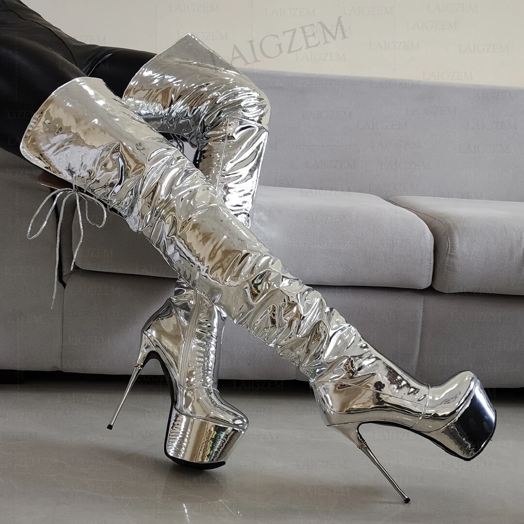VCSHOES Women Over Knee High Boots Pleated Platform 16CM Metal High Heels Boots Ladies Club Cosplay Shoes Woman Size 33 39 42 43