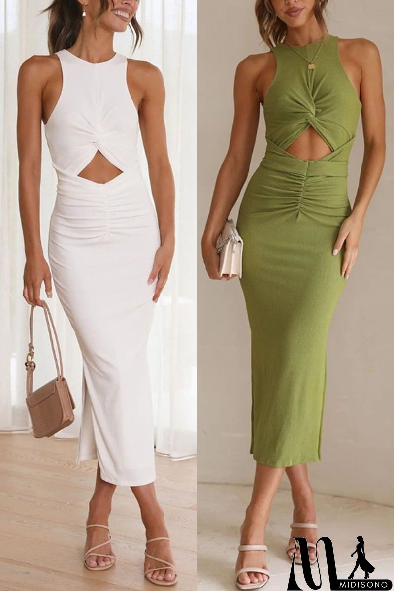 MidiSono - Crushing All Night Ribbed Front Cut Out Ruched Stretch Midi Dress