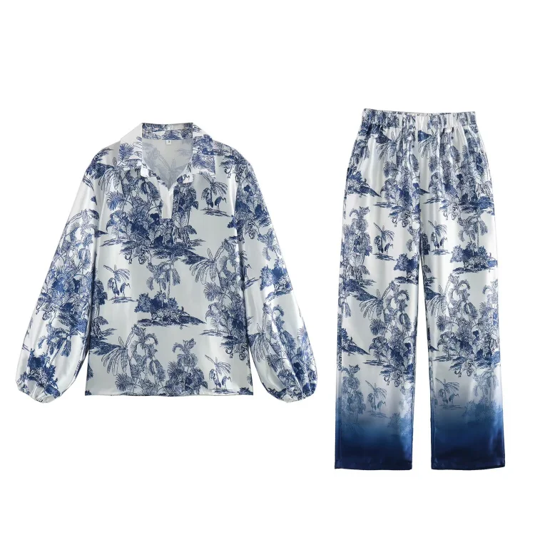 V Neck Jungle Print Long Sleeve Shirt and Pants Set