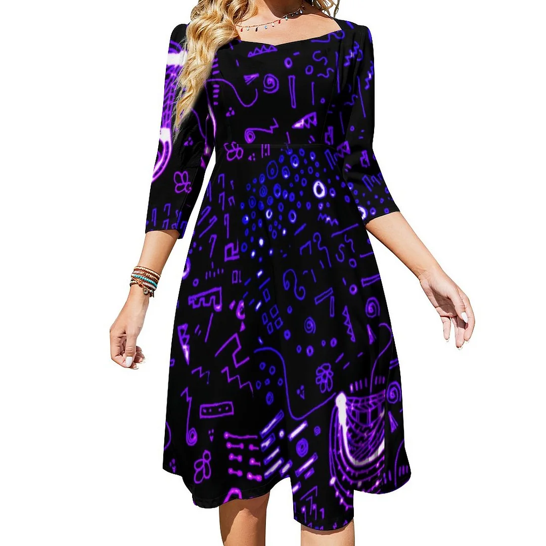 Artsy Black Purple Dress Sweetheart Tie Back Flared 3/4 Sleeve Midi Dresses