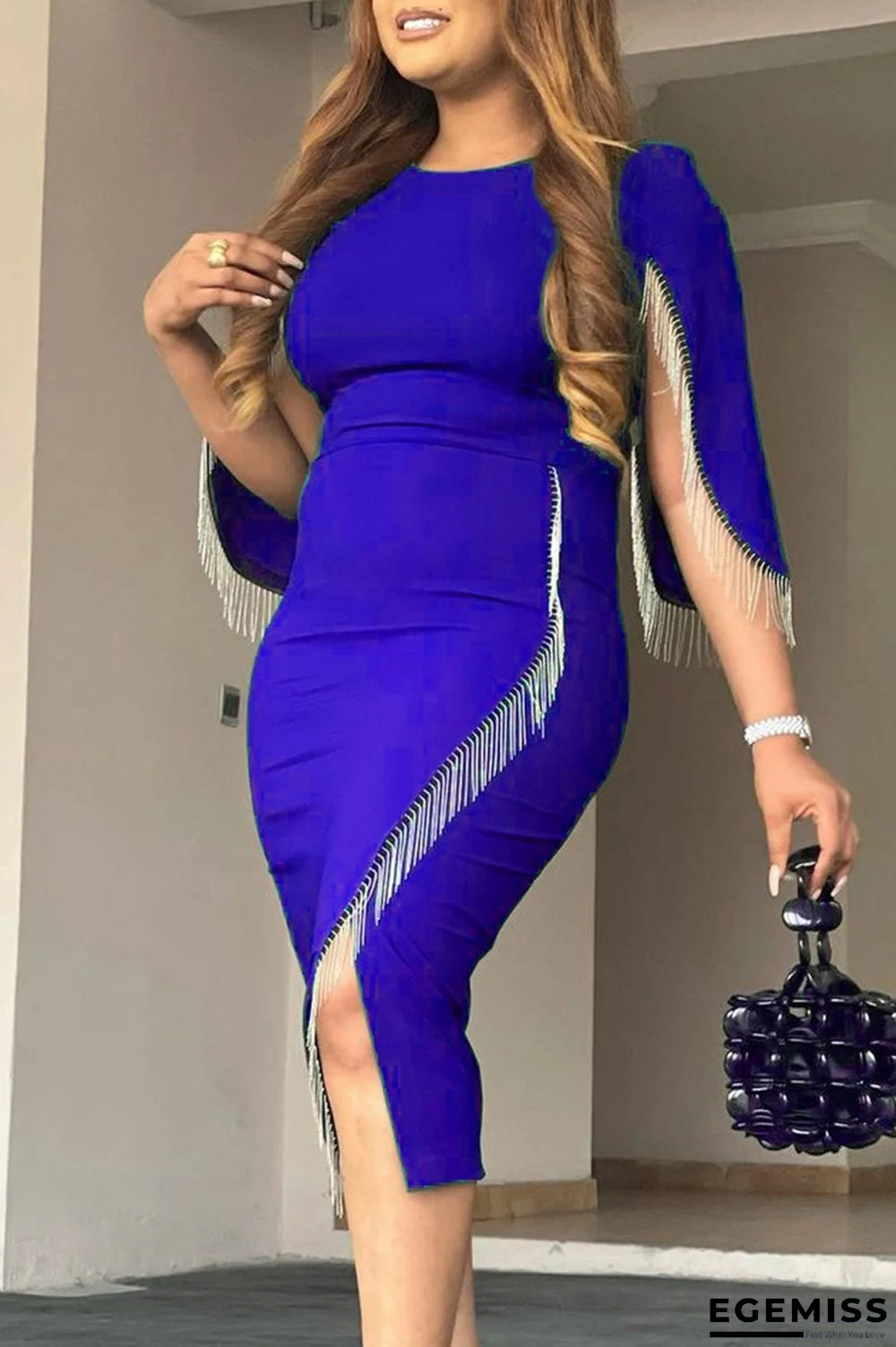 Blue Fashion Casual Patchwork Tassel O Neck Irregular Dress | EGEMISS