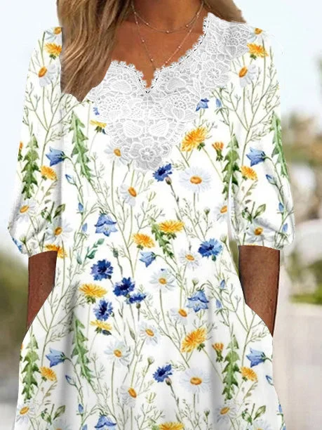 Women's 3/4 Sleeve V-neck Floral Printed Lace Stitching Midi Dress