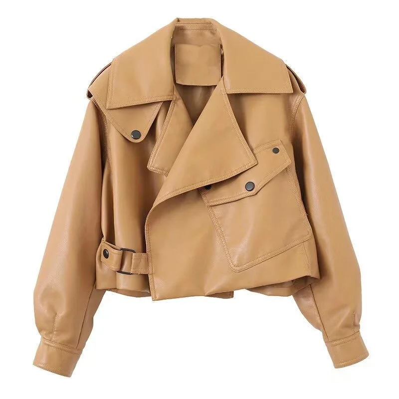 FTLZZ New Arrivals Women Faux Leather Jacket Pu Motorcycle Biker Beige Leather Coat Fashion Turndown Collar Loose Streetwear