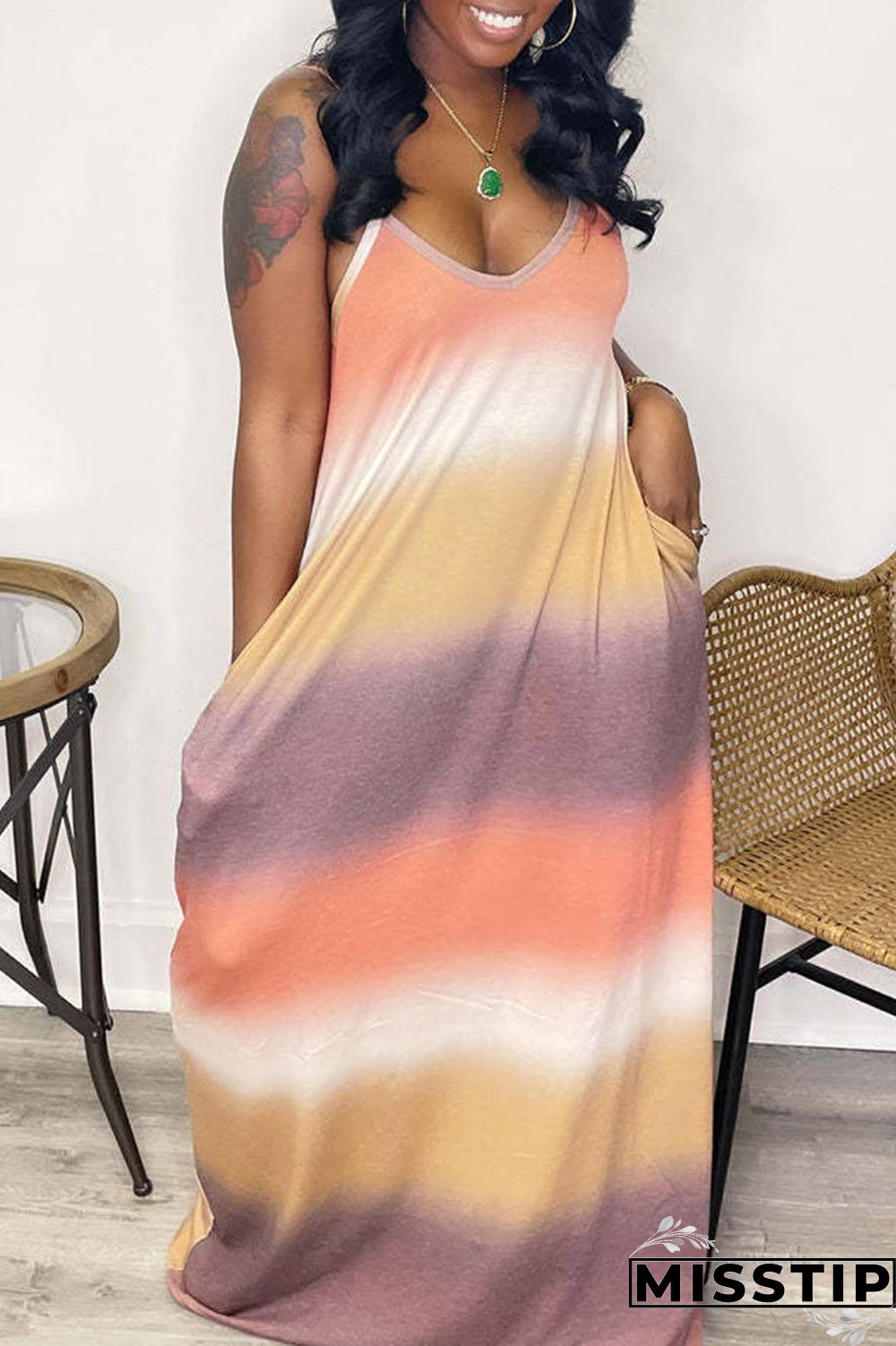 Orange Casual Gradual Change Striped Print Patchwork Spaghetti Strap Sling Dress Dresses
