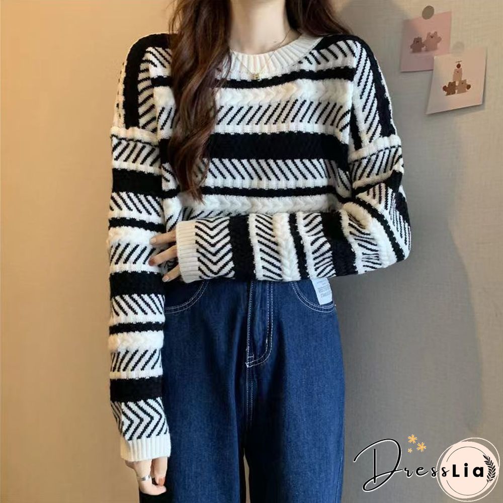 Korean Striped Sweet Knitted Sweaters Women Fashion Harajuku Autumn Winter Lazy Wind Y2k Pullovers Casual All-match Tops