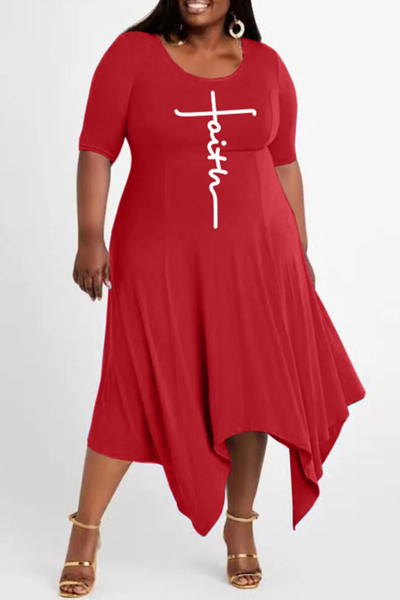 Red Casual Print Patchwork Asymmetrical O Neck Irregular Dress Plus Size Dresses
