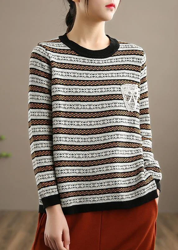 Chunky Spring Black Striped Knit Sweat Tops Loose fitting O Neck Knitted Pullover
