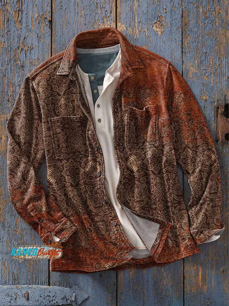 Men’s Vintage Retro Art Print Casual Long Sleeve Shirt As Picture / S