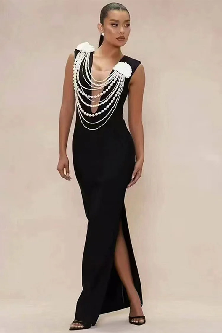 3D Floral Pearl Chains Sleeveless Maxi Dress-Black