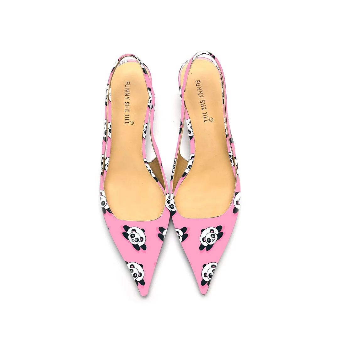 Women's Pink Panda Pattern Patent Leather Pointed Toe Elegant Kitten Heel Slingback Dress Pump Shoes