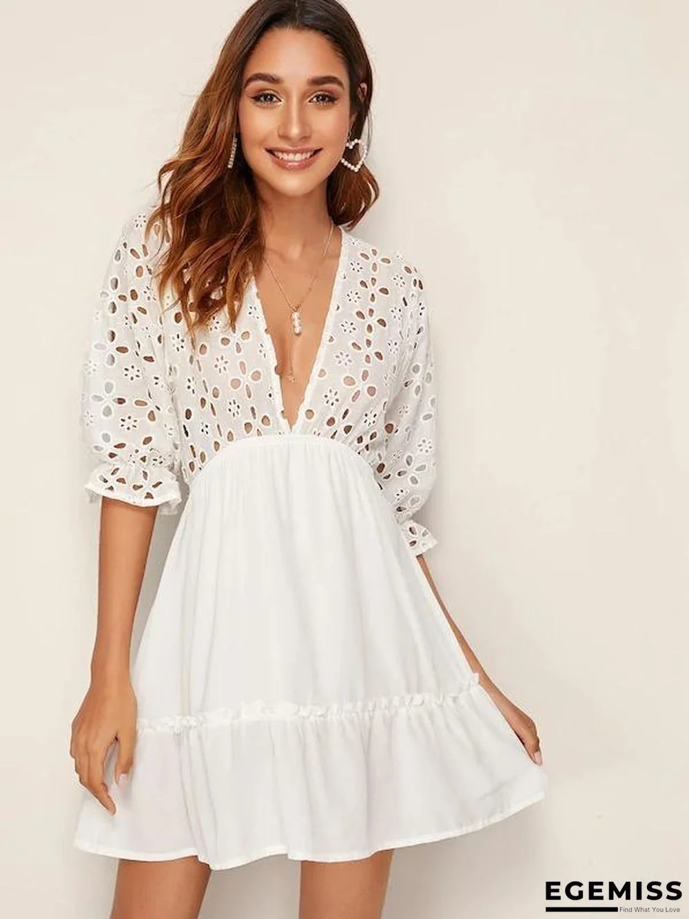 Eyelet Embroidery Panel Deep V Neck Tie Back Dress White Dresses | EGEMISS