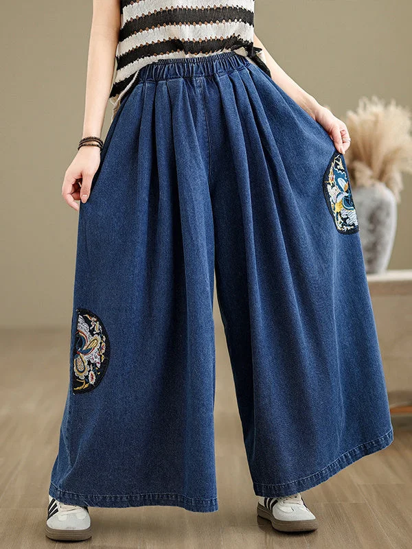 Women's Denim Embroidery Retro Loose Casual Wide Leg Pants Solid Color Straight Pants