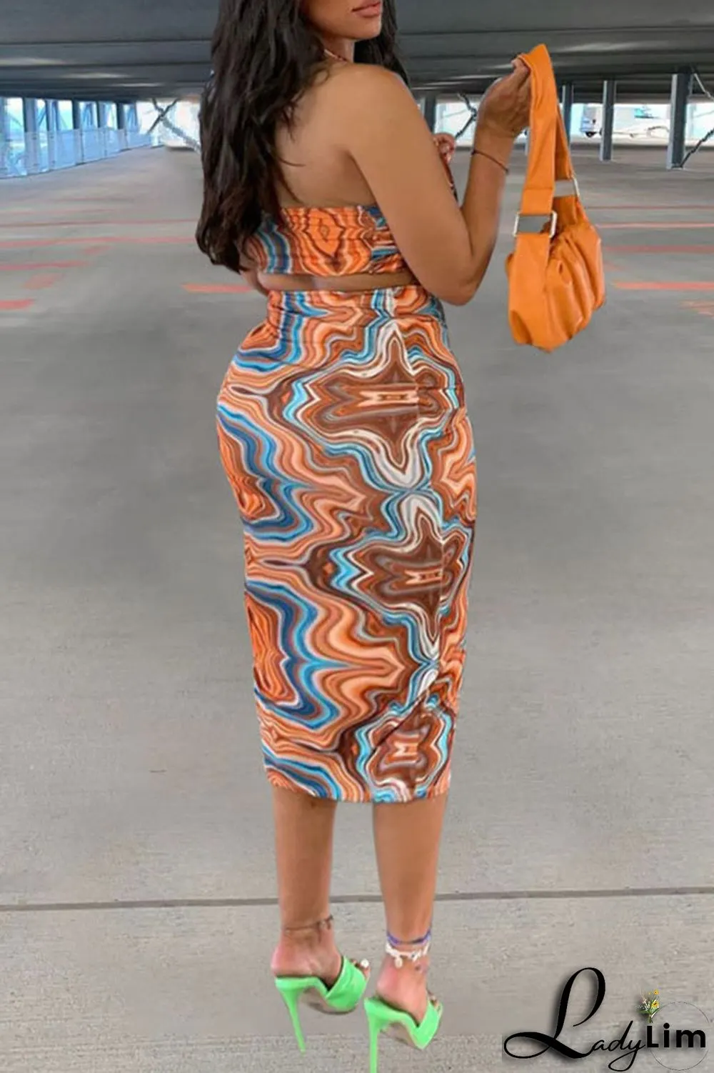 Royal Blue Sexy Print Patchwork Halter Plus Size Two Pieces