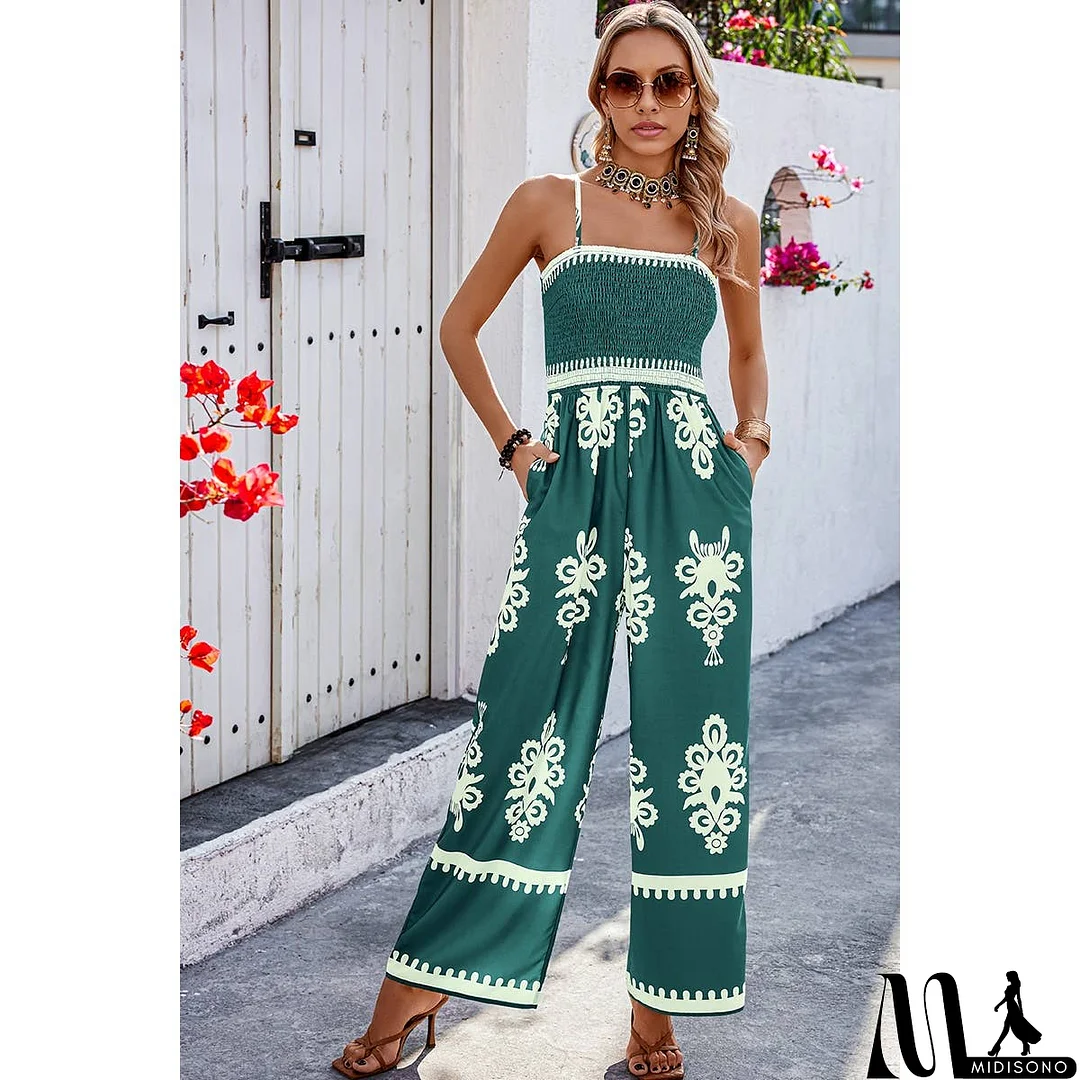 MidiSono - Off Shoulder Ruched Printed High Waist Jumpsuit