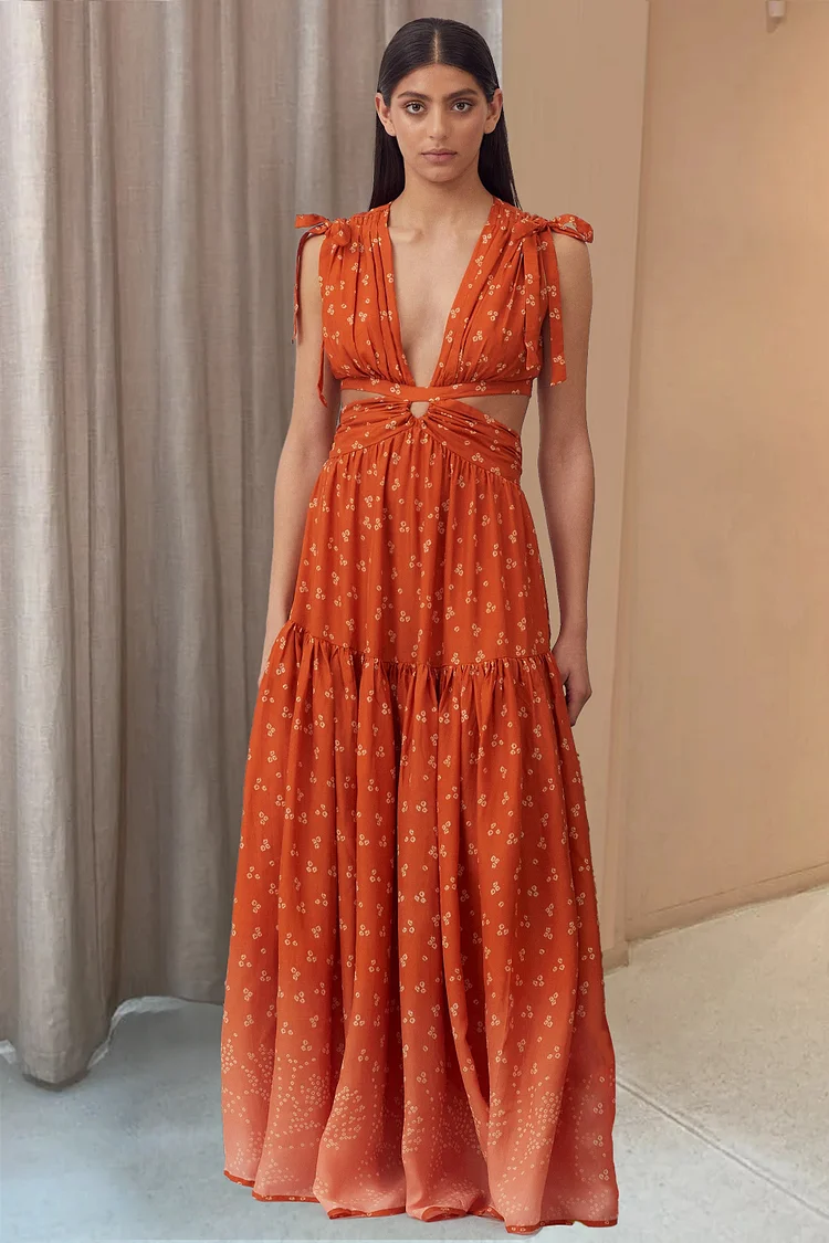 Irregular Neck Cutout Tied Up Cami Pleated Button Pattern Print Maxi Dresses [Pre Order]