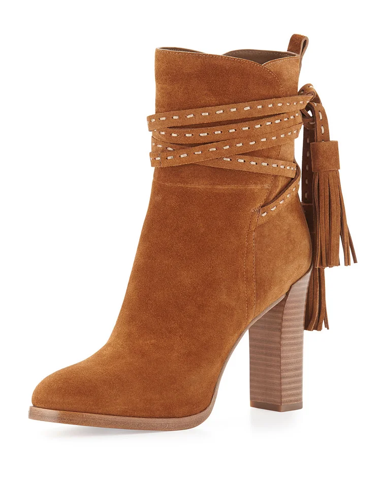 Tan Vegan Suede Booties Chunky Heel Fringes Strappy Ankle Boots |FSJ Shoes