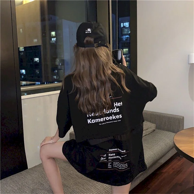 T-shirt women's top design sense mesh stitching cotton short-sleeved T-shirt women 2020 new Korean version loose mid-length