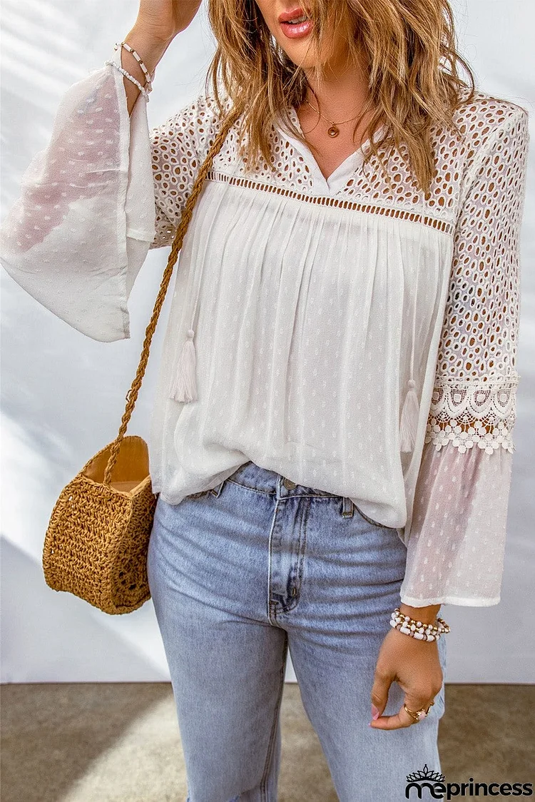 Lace Crochet Hollow Out Swiss Dot Blouse