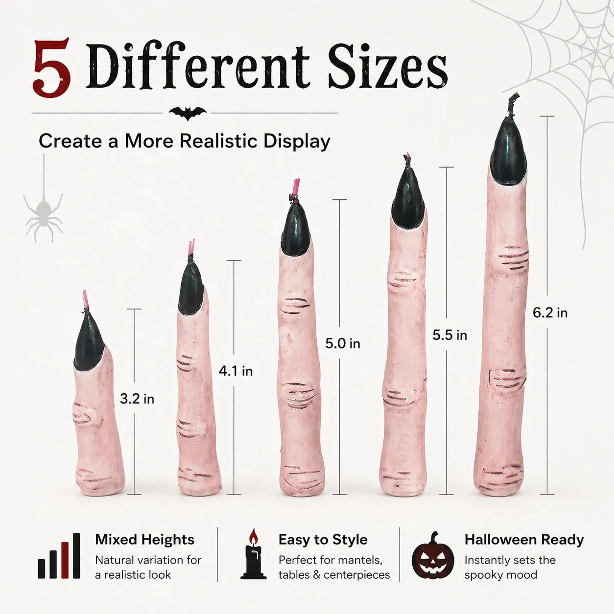 Five different sizes Halloween creepy finger candles size chart