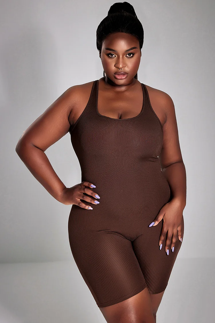 Xpluswear Design Plus Size Sport Romper Coffee Knitted Solid Color High Waist Tight Yoga Romper [Pre-Order]