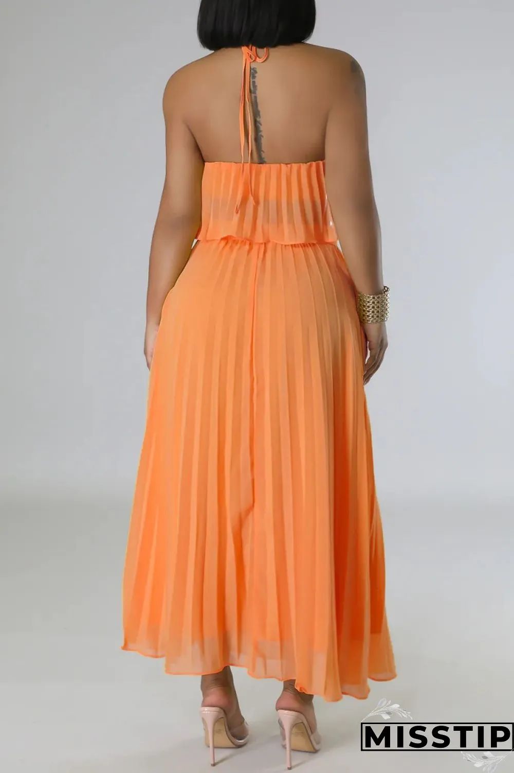 Mint green Casual Solid Bandage Backless Pleated Halter Sleeveless Two Pieces