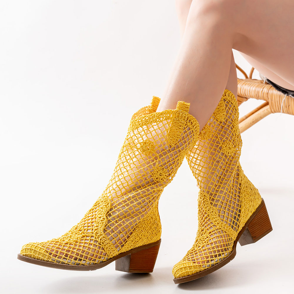 Playful Yellow Mid Block Heel Hollow-Out Western Boots for Women Nicepairs