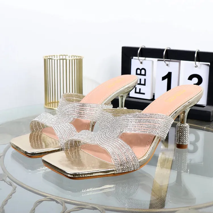 Open Toe Rhinestone Drag Slippers with Thin Heels