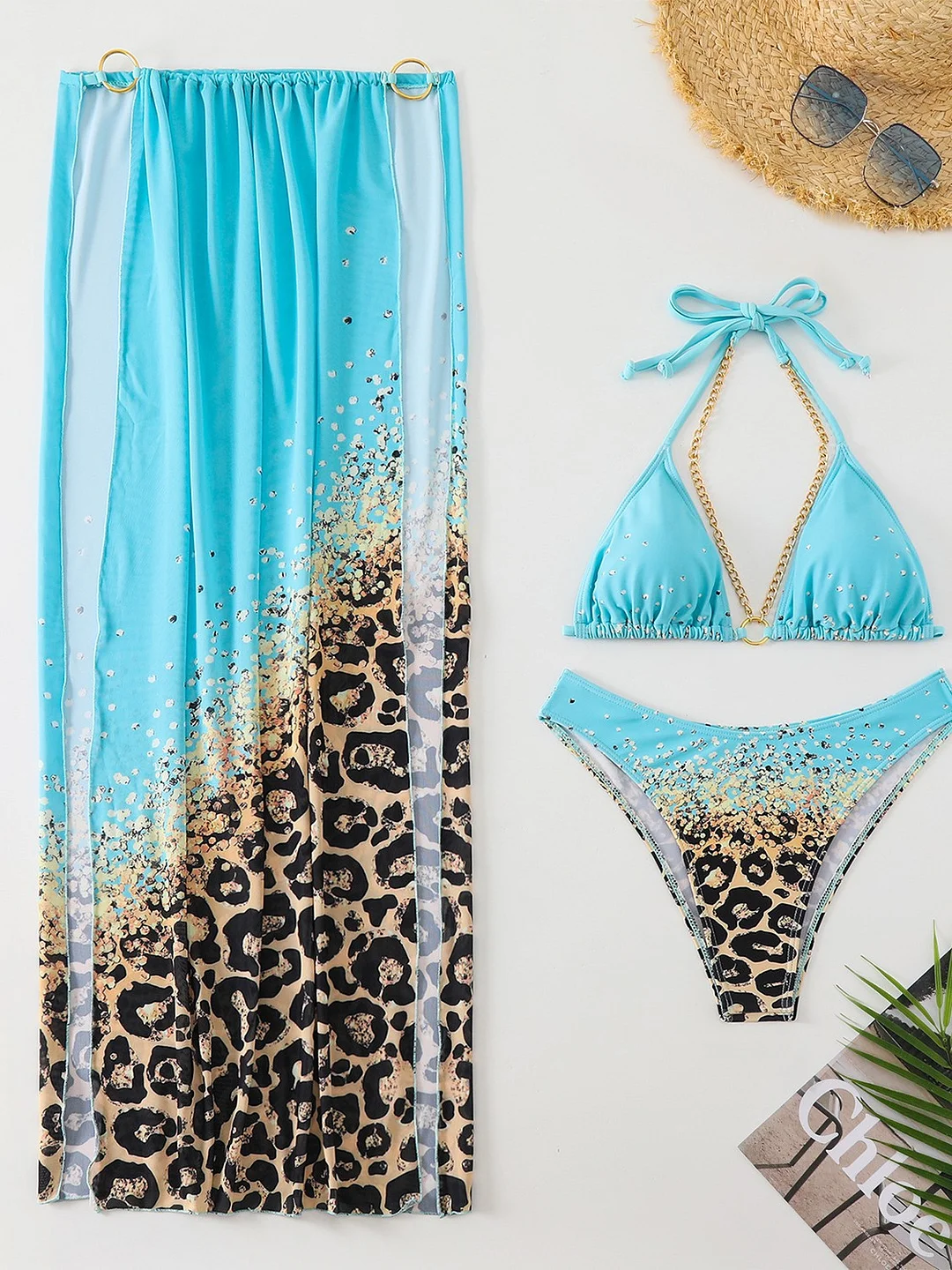 Uveng 2024 New Fixed-Print Leopard Print Three-Piece Mesh Dress Bikini