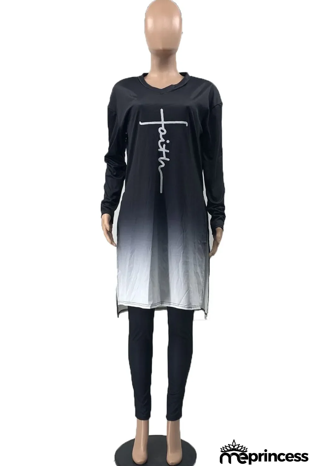 Red Fashion Casual Gradual Change Print Patchwork Slit V Neck Long Sleeve Two Pieces