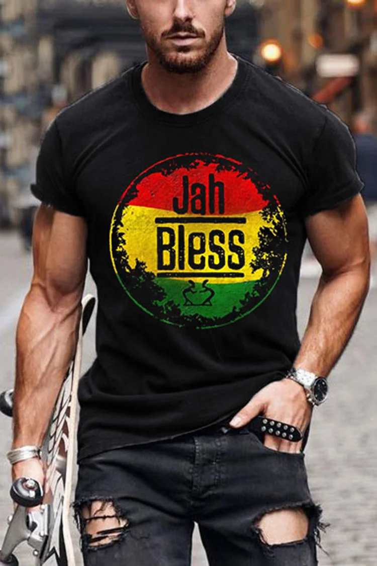Men's Jah Bless Colorblock Graphic Casual Short Sleeve T-Shirt