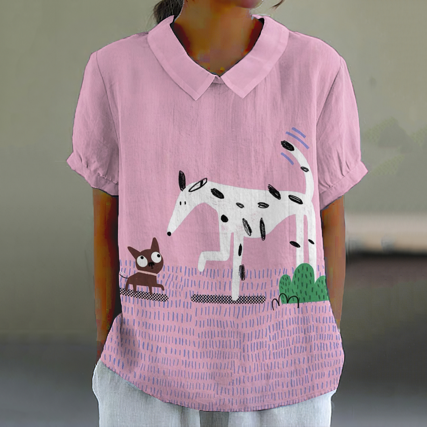 Dog Art Print Lapel Short Sleeved Blouses wearshes