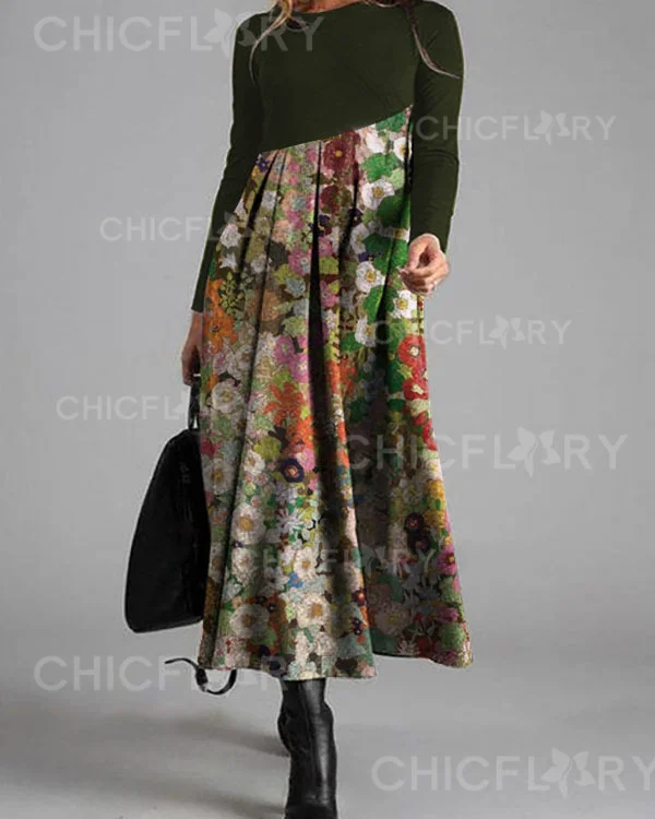 Round Neck Print Stitching Casual Long-sleeved Maxi Dress