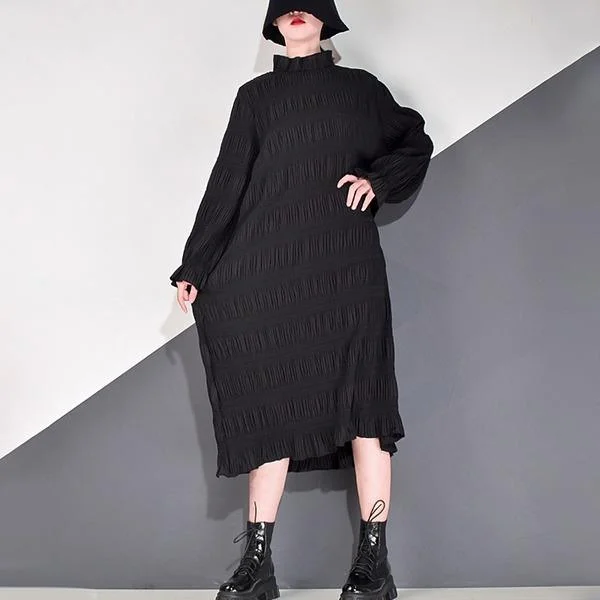 Wrinkles Casual Dress Women Trendy Fashion New Style Stand Collar Long Flare Sleeve Pullover