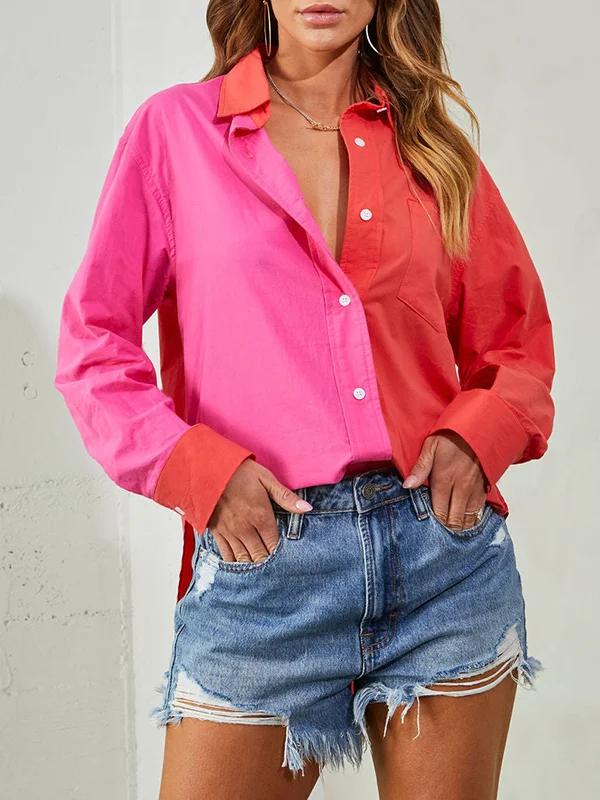 Contrast Color Buttoned Wrap Loose Lapel Blouses&Shirts Tops