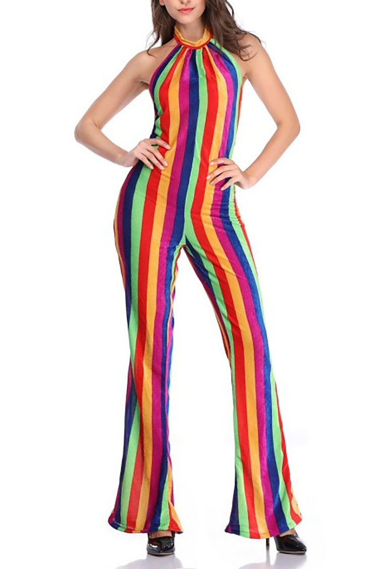 Vintage Hippie-Disco Rainbow Stripe Halter Collar Sleeveless Jumpsuit