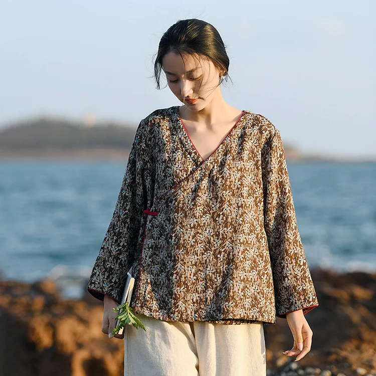 Vintage Printed Long Sleeve V-Neck T-Shirt - yankia