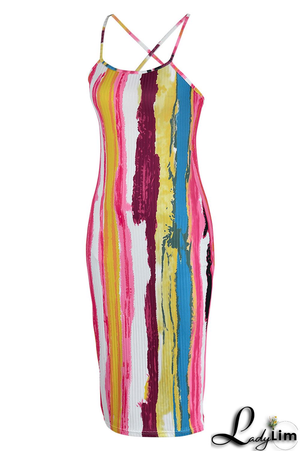 Red Sexy Striped Print Patchwork Spaghetti Strap Sling Dress Dresses