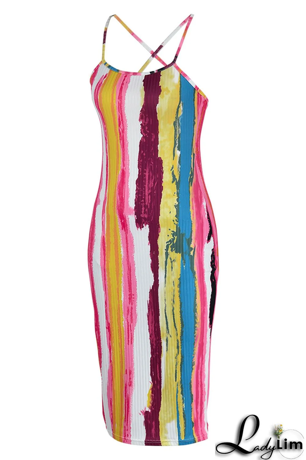 Red Sexy Striped Print Patchwork Spaghetti Strap Sling Dress Dresses