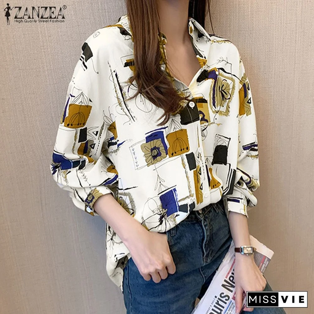Blouse Women Retro Female Printed Single-breasted Spring Button Straight Long-sleeve Vintage Shirt Top