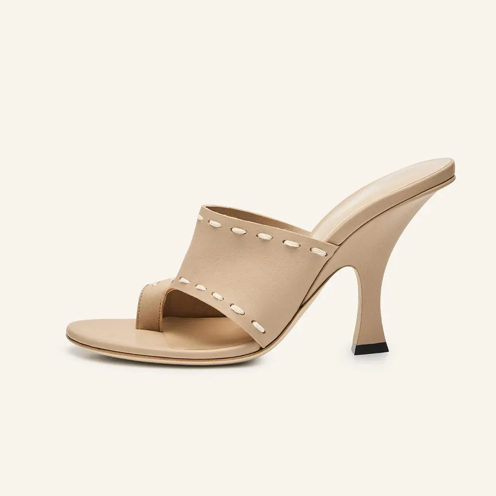 Fashion Nude Faux Leather Round Toe Flared Heel Slip On Mules Shoes