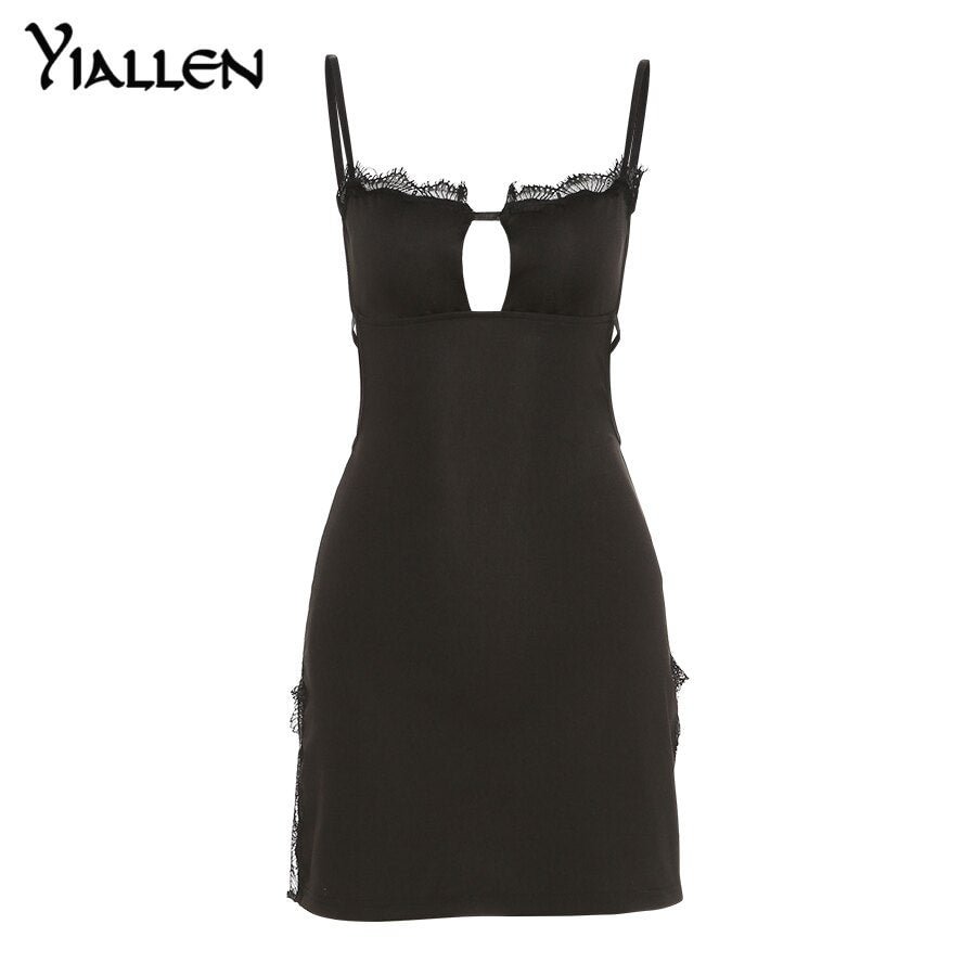 Yiallen Summer Women Black Dress New Nightwear Temptation Sexy Lace Light Luxury French Backless Dresses High Split Night Robe