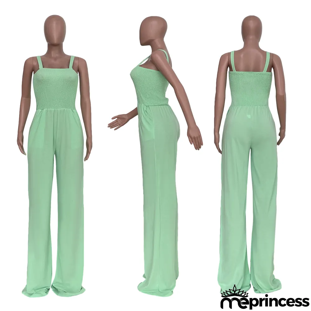 Women'S Solid Casual Strap Sleeveless Wide Leg Jumpsuit