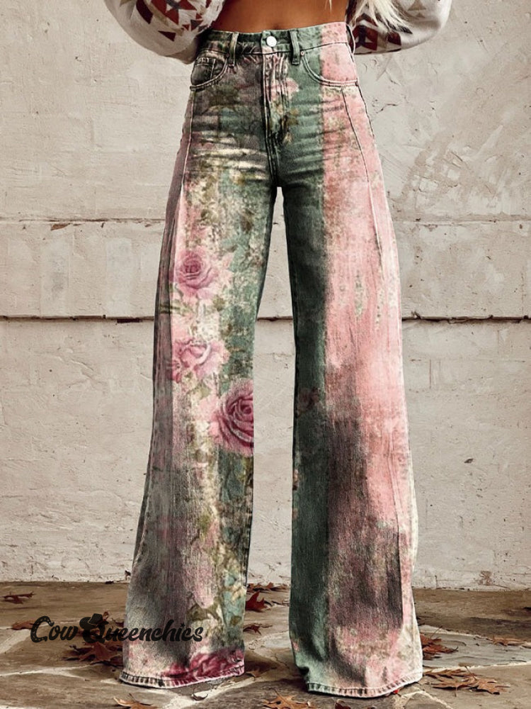 Women’s Vintage Print Casual Wide Leg Pants / S