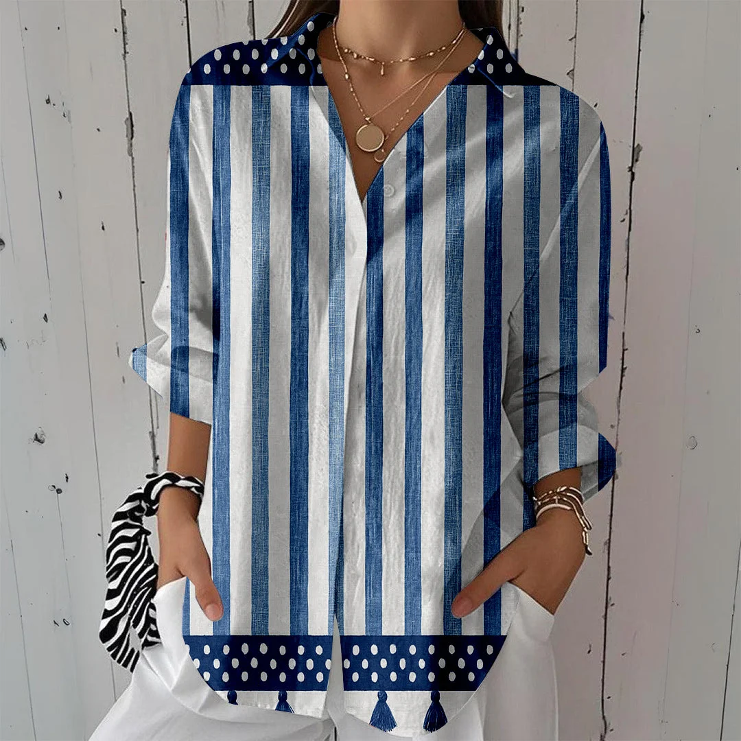 Style & Comfort for Mature Women Women Striped, Blue DZCL0336 3/4 Sleeve Shirt Collar Printed Button Tops